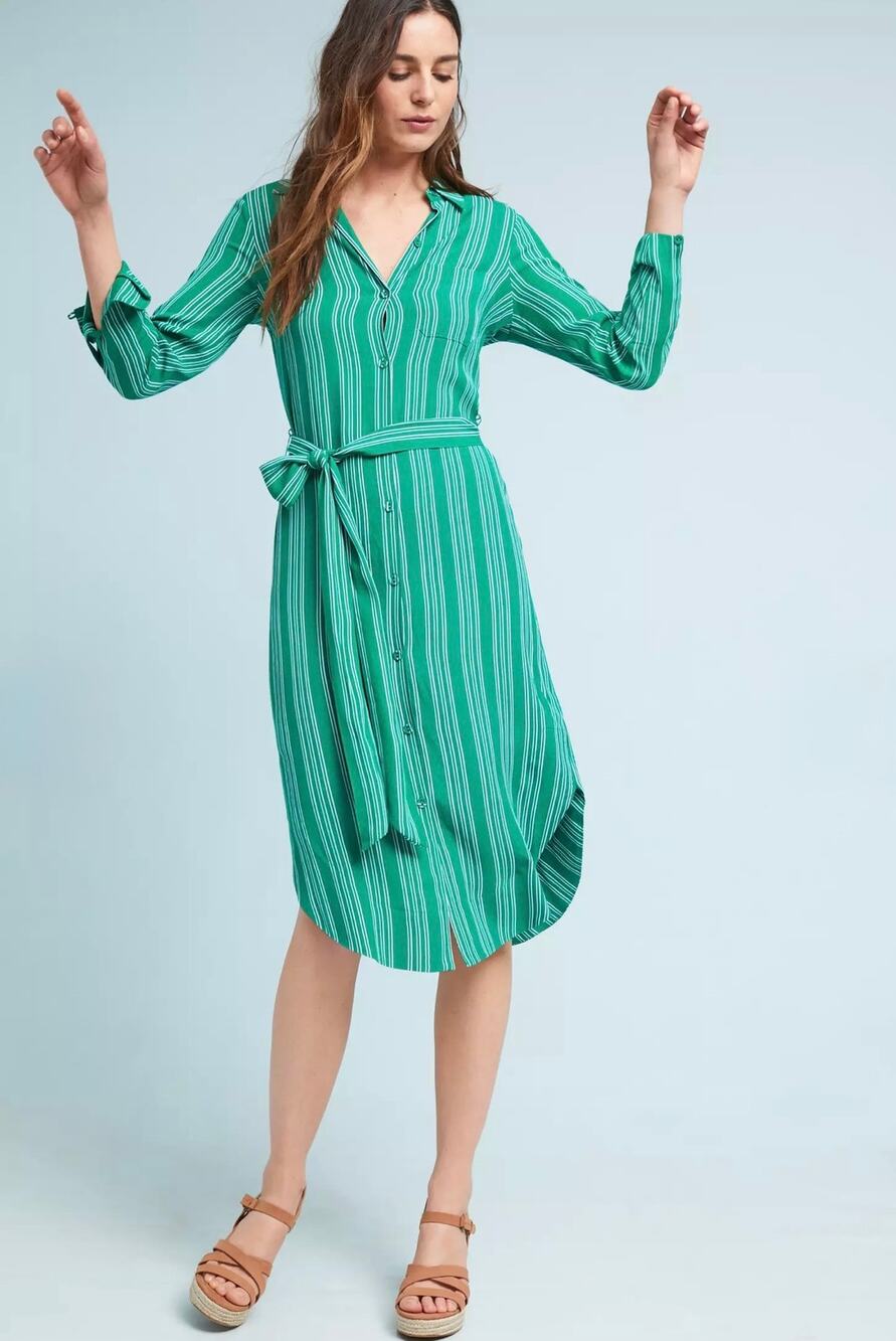 Maeve Women's Green White Striped Martina Button Down Shirt Dress Size 8